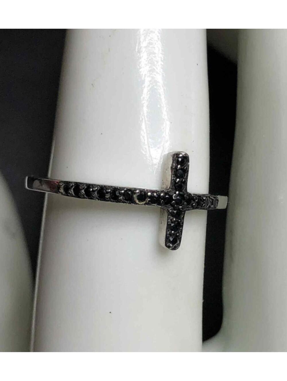 Sterling Silver Cross Ring with Black Stones - Women Jewelry
